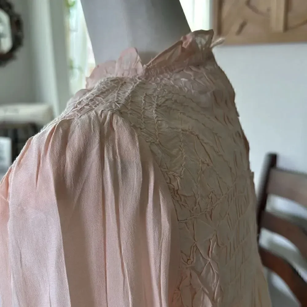 NWOT Free People Smocked In Time Top Ruffled High Neck Long Sleeves XS Feminine